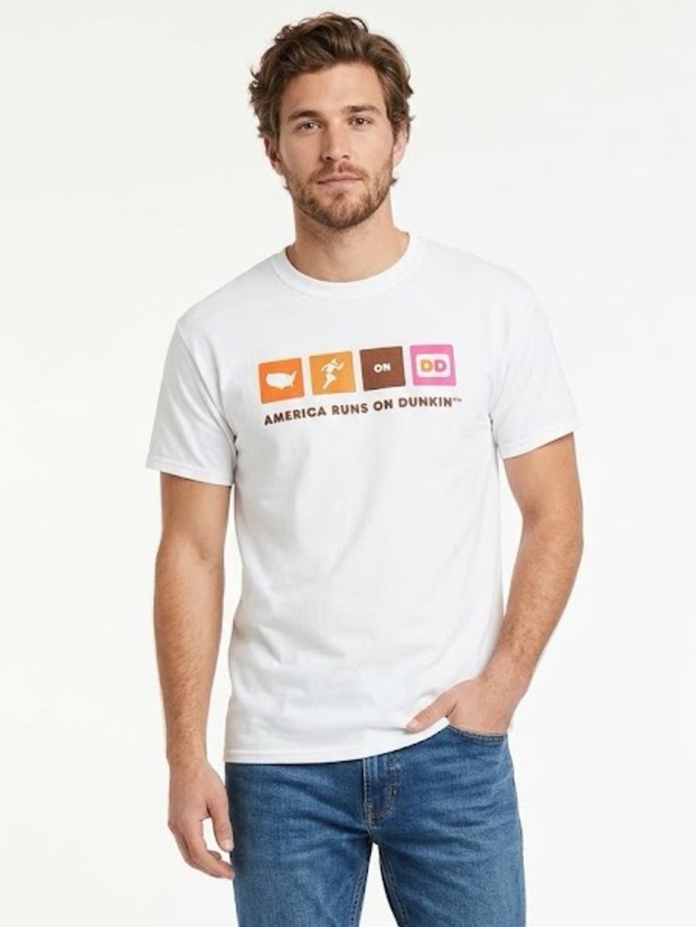Gildan White Short Sleeve Tee with Orange Brown and Pink Dunkin' Graphic - Men